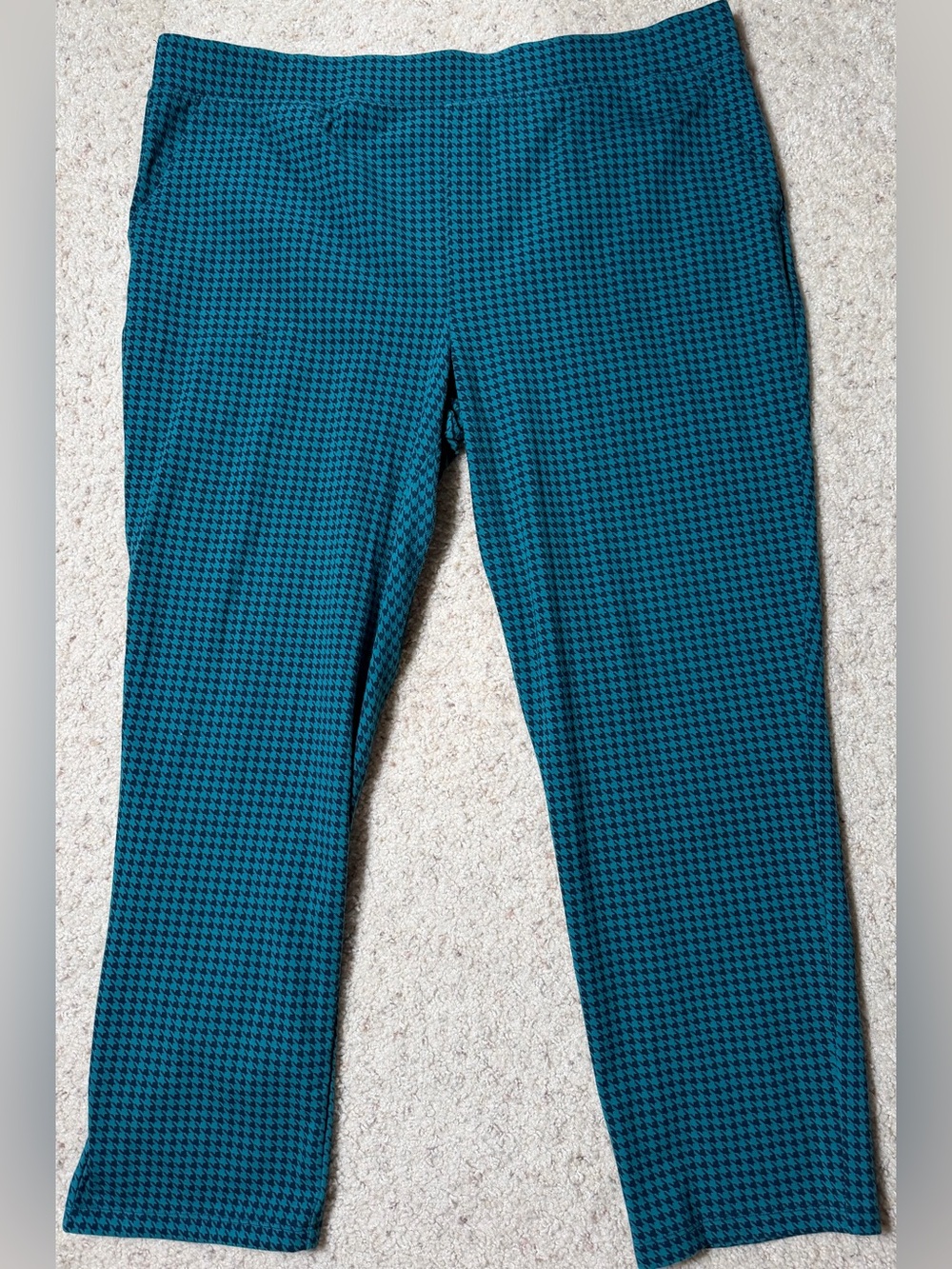 Denim & Co Duo Stretch Straight Leg Pants 2X Spruce Green Navy Houndstooth